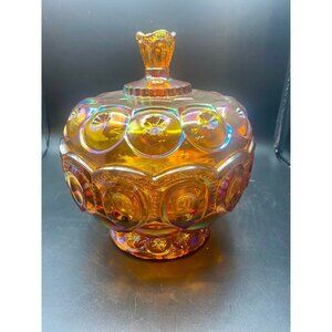 Weishar Short Large Covered Compote Moon N Star Amber Carnival glass